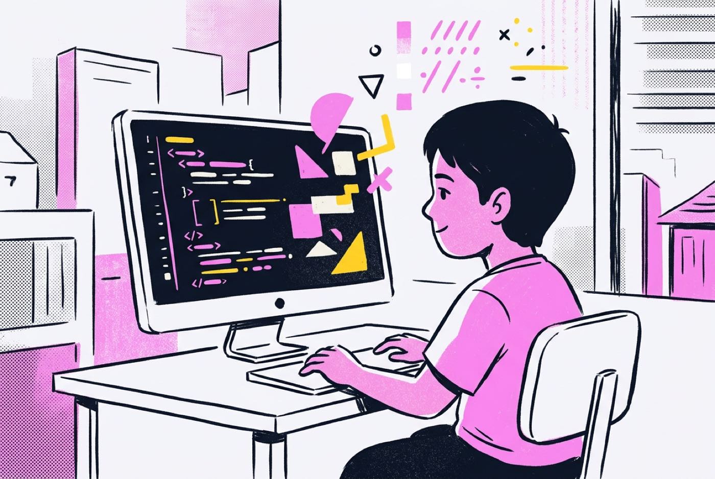 A child working on a coding project on a computer monitor with colorful geometric shapes and code side by side