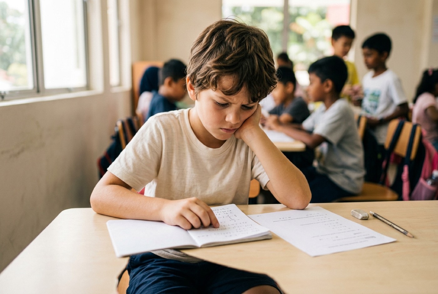 A child staring at a math worksheet with a furrowed brow while memorising formulas from a notebook