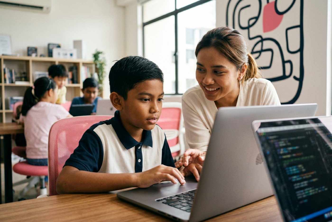 A mentor guiding a student build an AI project on a laptop in a modern brightly lit room