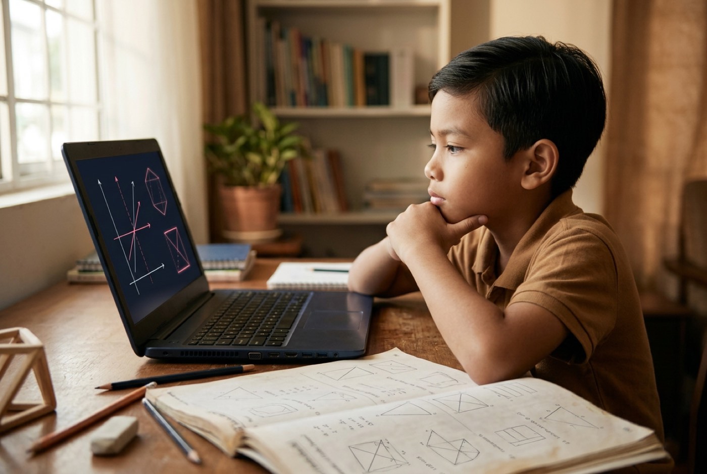 A child looking thoughtful at a clean wooden desk with open math books and a laptop showing interactive graph vectors...