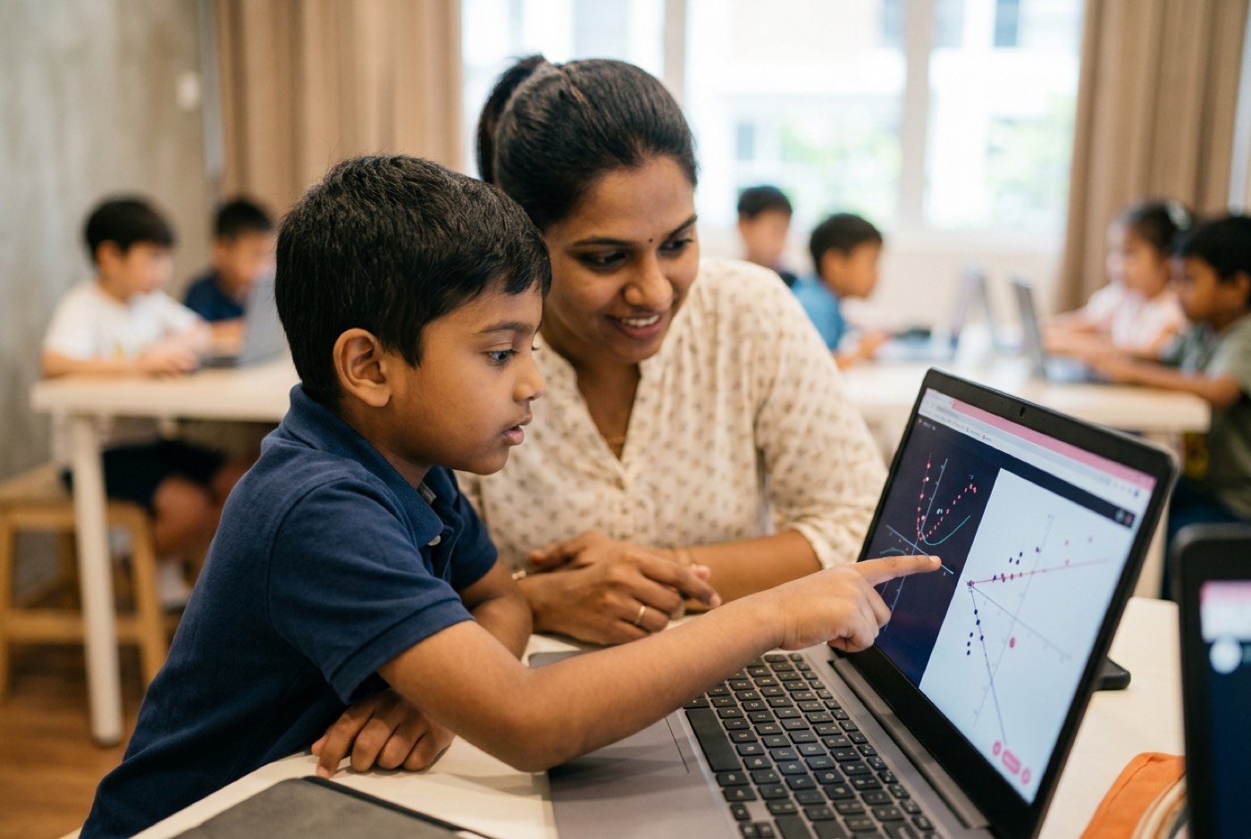 A classroom scene at Kidocode Solaris Mont Kiara showing a young student pointing at a screen with interactive math g...