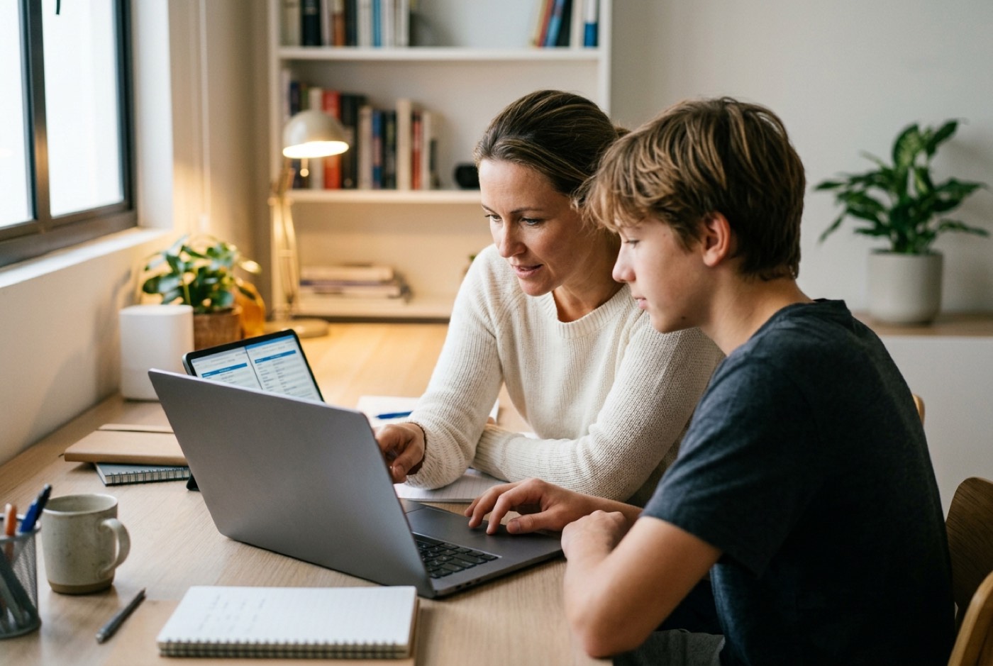 A parent and a teenager sitting together at a study desk comparing laptop spec sheets on a screen in a clean modern M...
