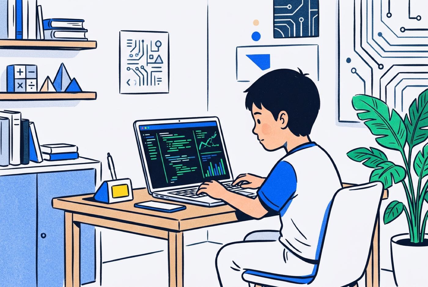 A child working on a laptop in a brightly lit learning space with a modern interface on screen