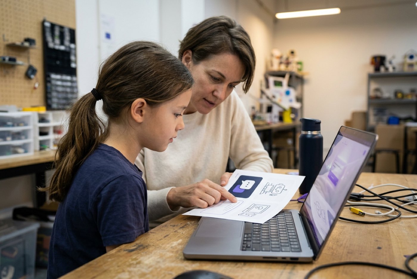 A parent and child sitting together at a desk reviewing prompt templates printed on a sheet next to a laptop displayi...