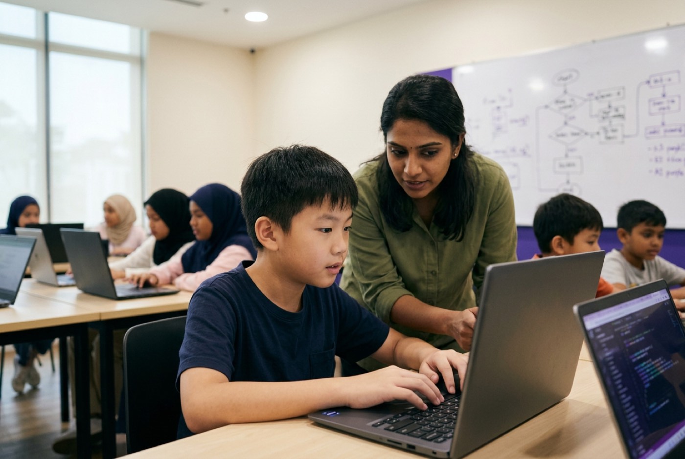 High-tech clean classroom at Kidocode flagship campus in Mont Kiara showing a live trainer guiding young students as ...
