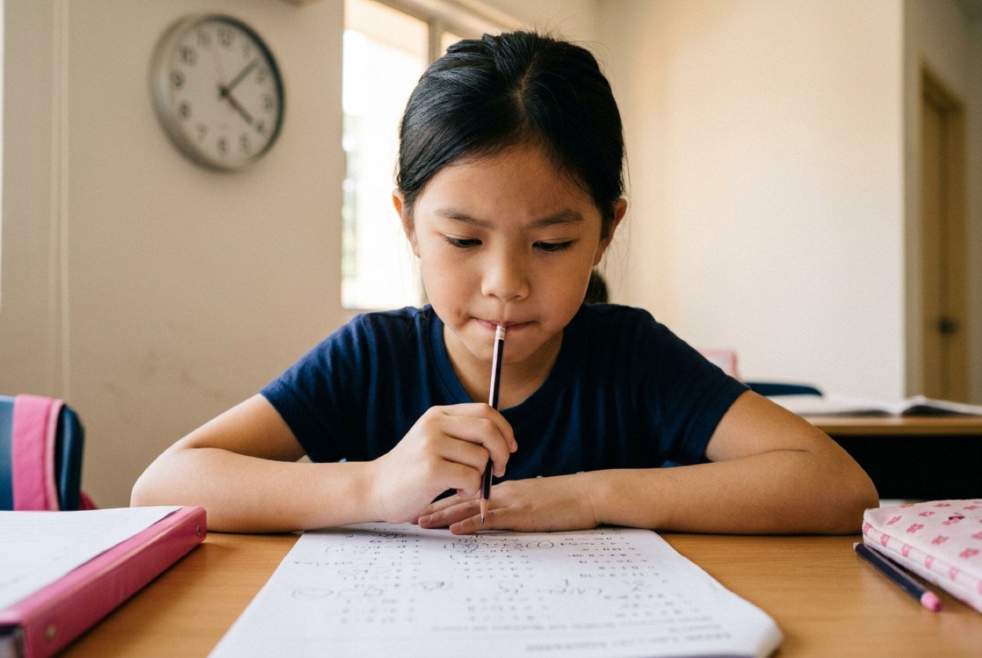 A child looking anxious at a desk with a pencil in hand, staring at a page of math equations with a clock on the wall...
