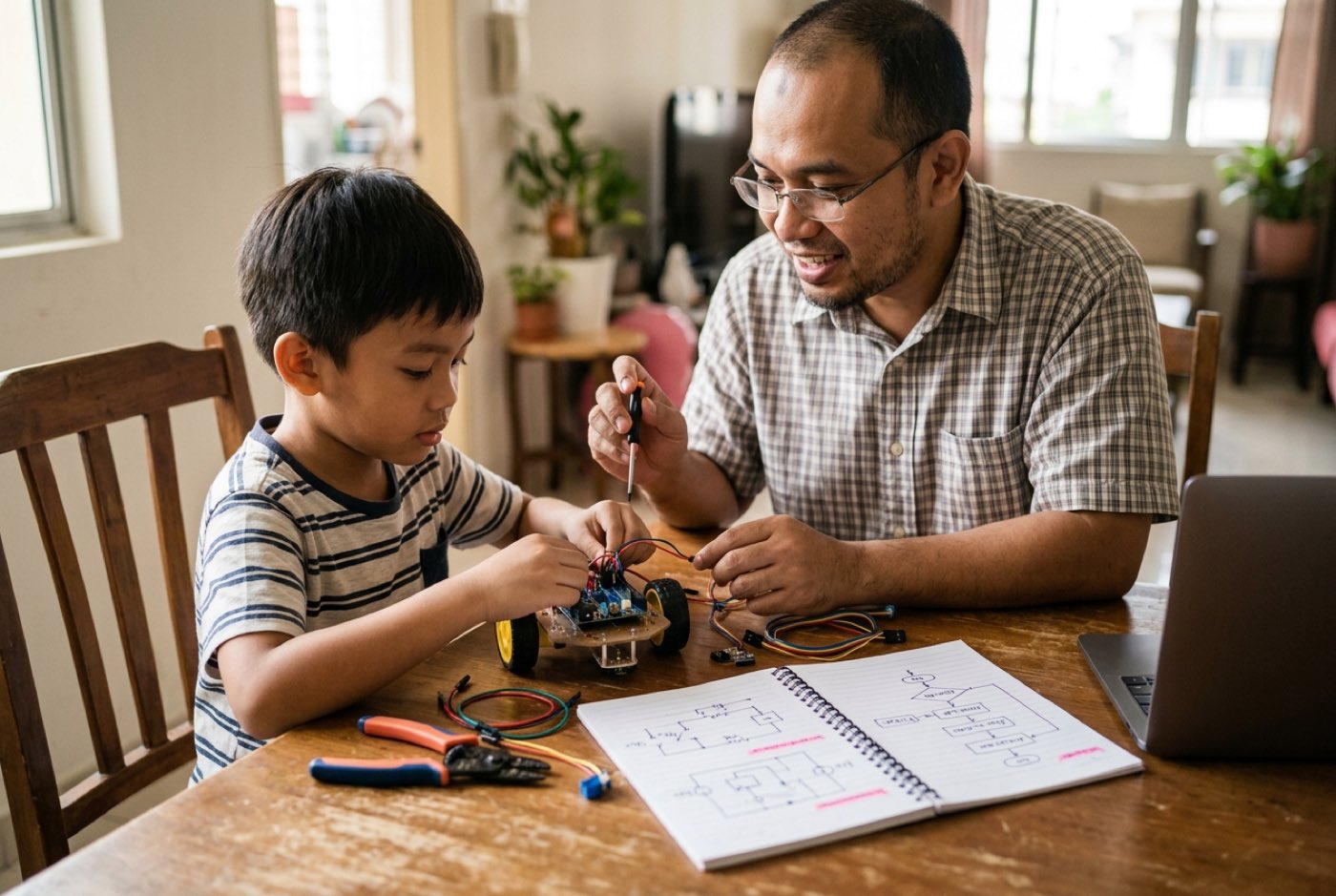 A parent and child building a small physical project together at a wooden dining table, talking calmly with drawn dia...