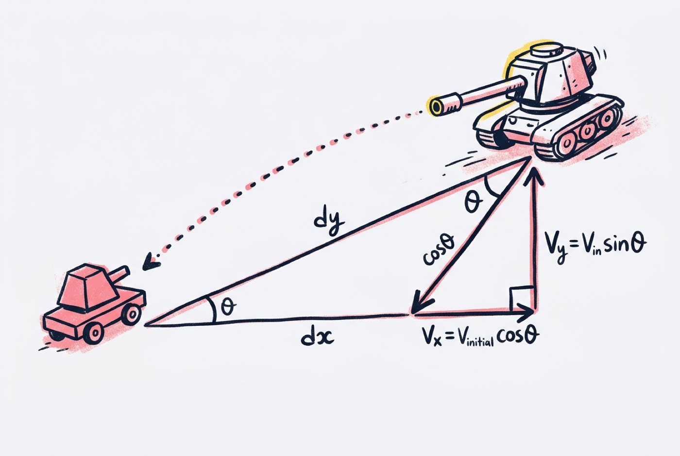 A diagram showing a turret targeting an enemy, illustrating the dx and dy side lengths, the angle theta, and the deco...