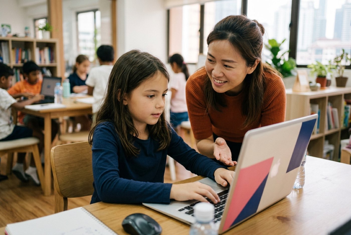 A young student working on a laptop at a desk with geometric game code on screen while an instructor guides them warmly