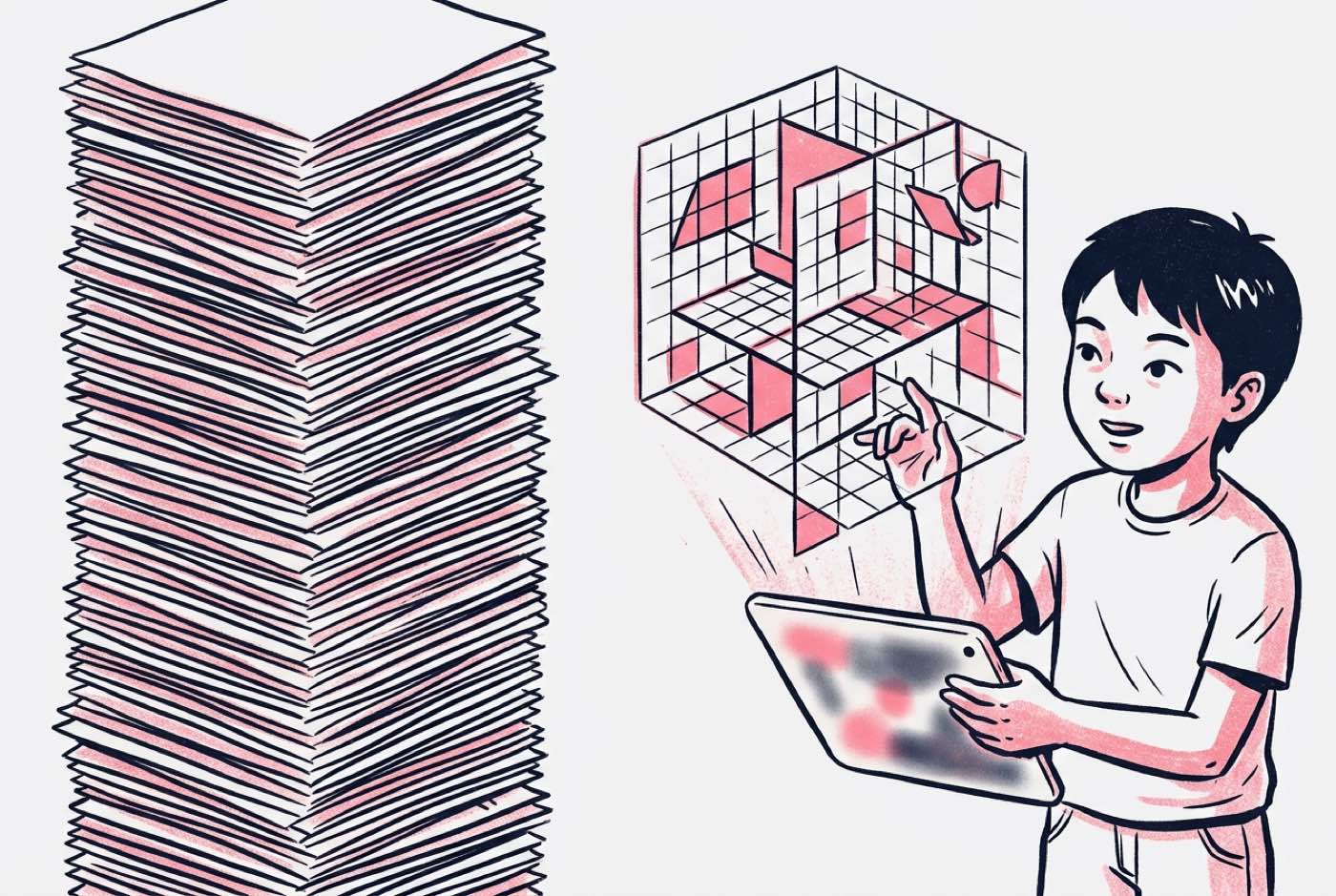 An illustration contrasting a stack of repetitive math worksheets against an interactive 3D video game grid showing s...