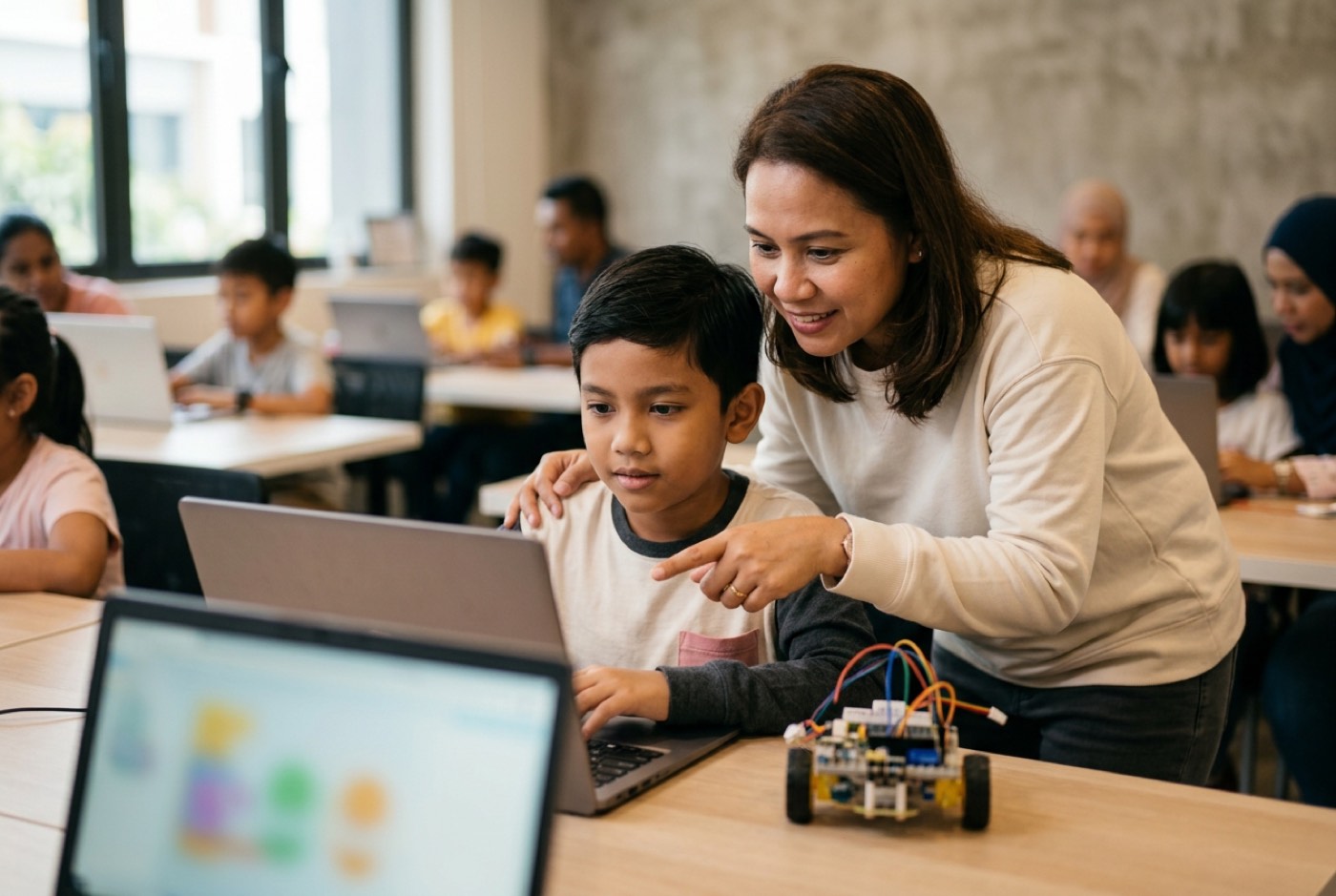 A parent and child side-by-side at a Kidocode campus desk watching a newly constructed AI project execute on screen