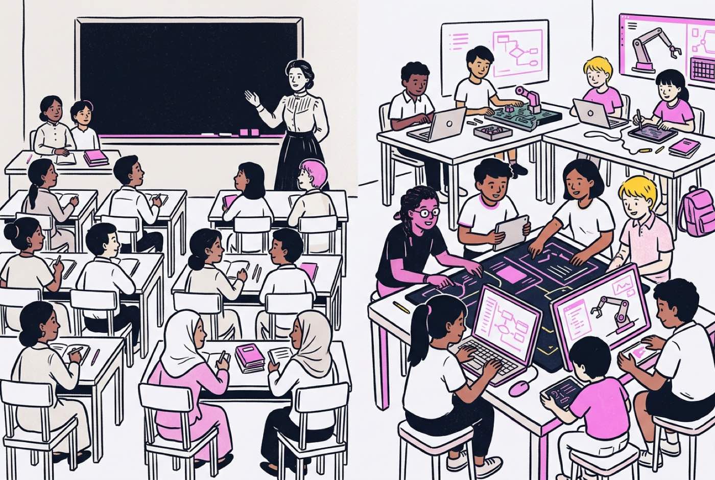 A historical timeline showing classroom learning in 1892 transitioning into a modern tech-enabled workshop with inter...