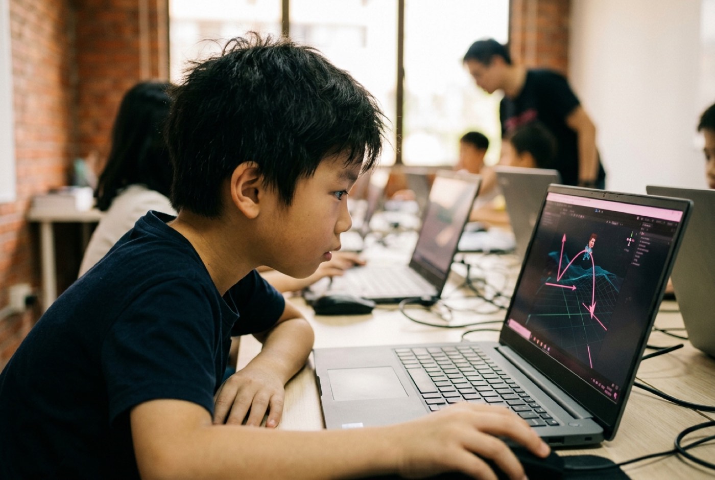 A young student working on a laptop, seeing vector math visualised as a character's trajectory in a real-time game ed...