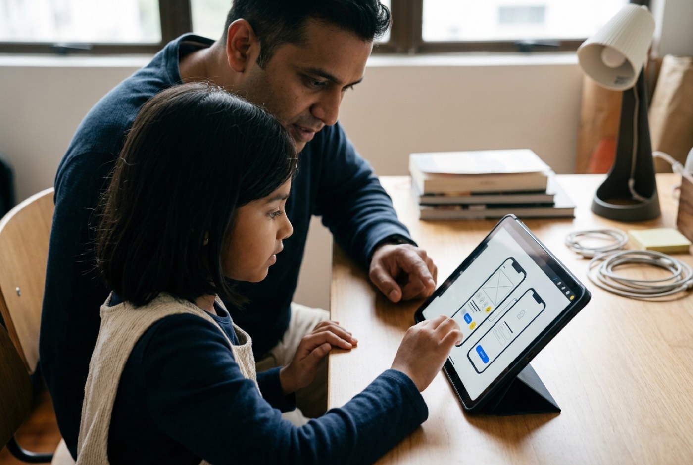 A young Malaysian student working alongside a parent at a desk designing a mobile app layout on a tablet screen