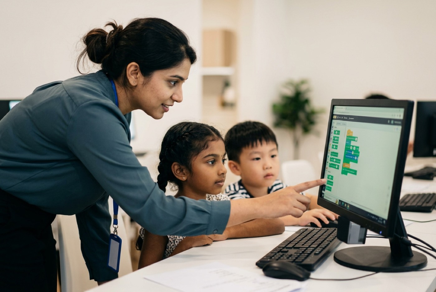 A trainer guiding two young children at a computer in a modern learning centre, pointing to block code on the screen