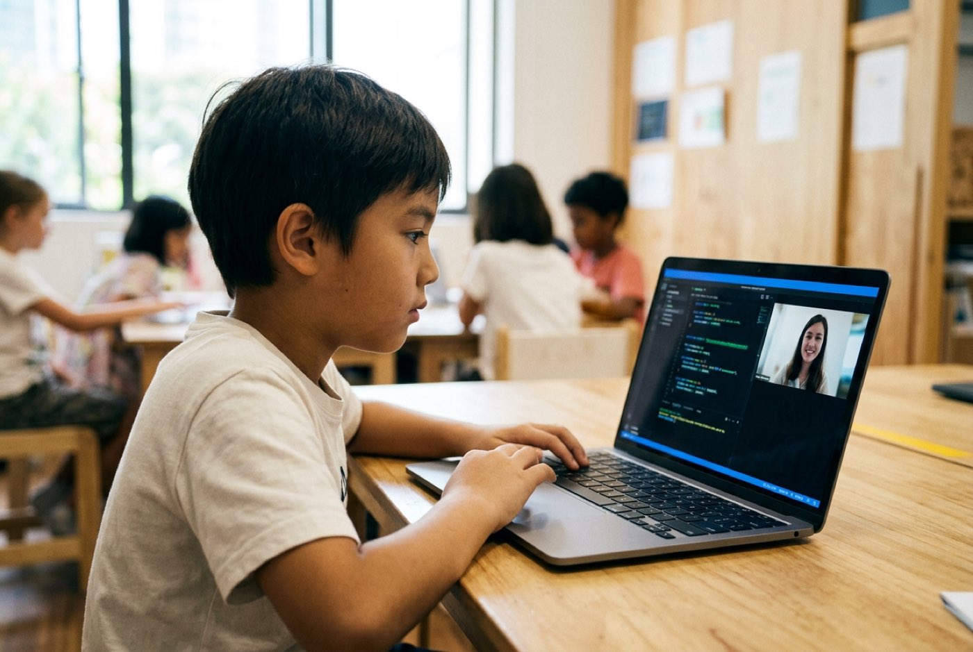 A child working on a laptop with a split screen showing code editor on one side and a video call with a teacher on th...