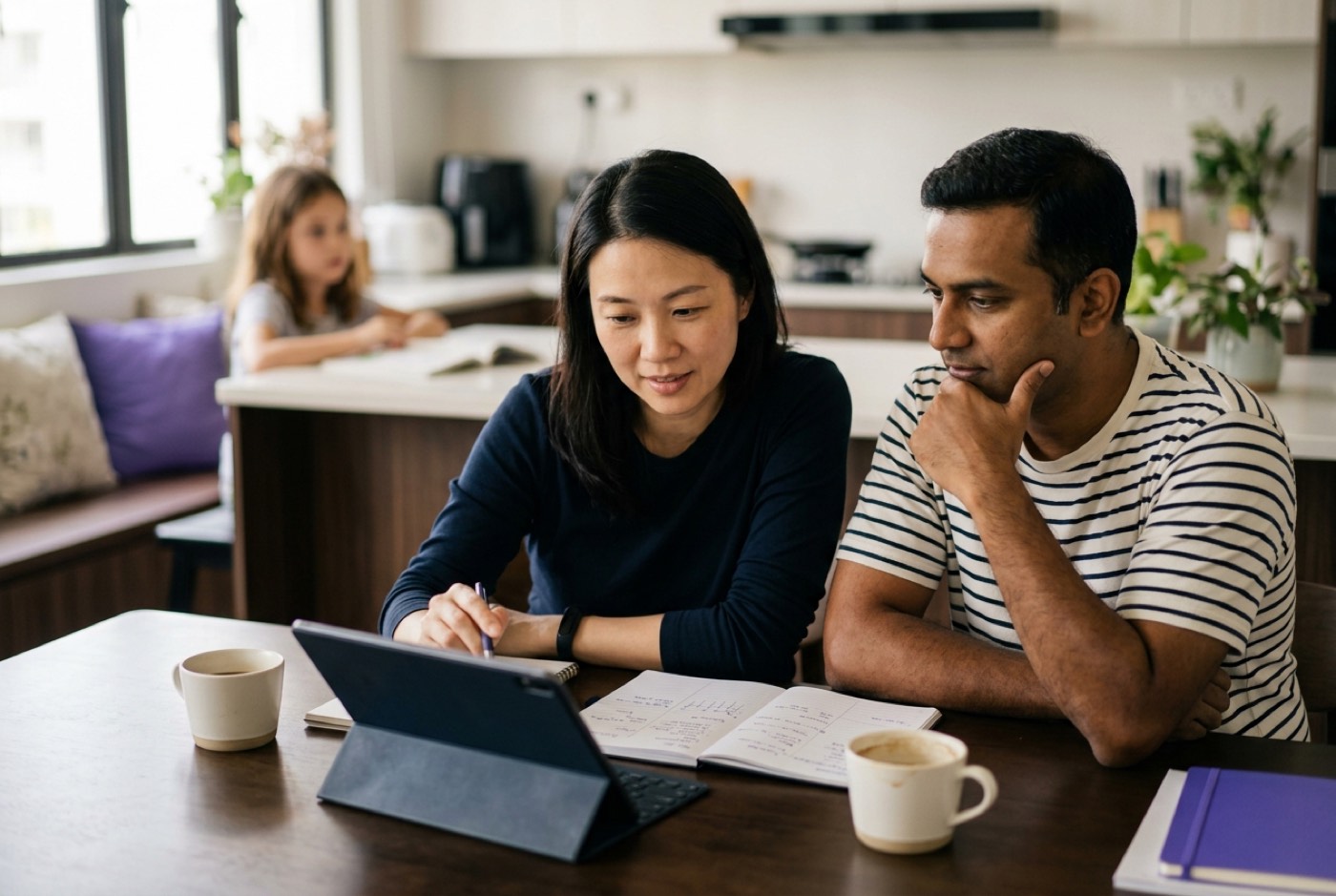 A mother and father sitting together at a kitchen table in a modern Malaysian home reviewing a tablet and paper plann...