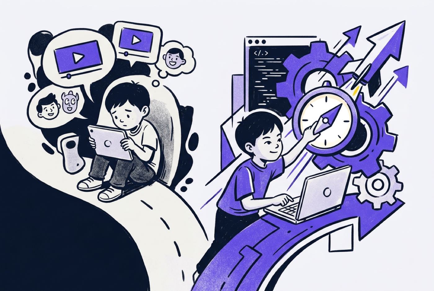 Conceptual illustration showing two paths for a child using technology: passive consumption versus active creation an...