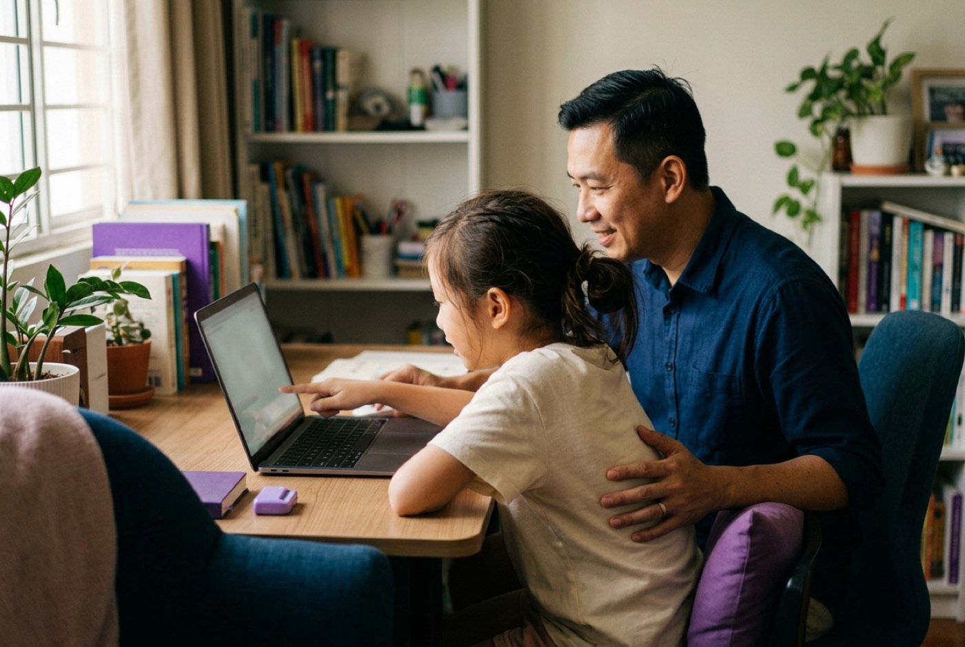 A parent sitting beside their child at home, reviewing a completed digital project on a screen together