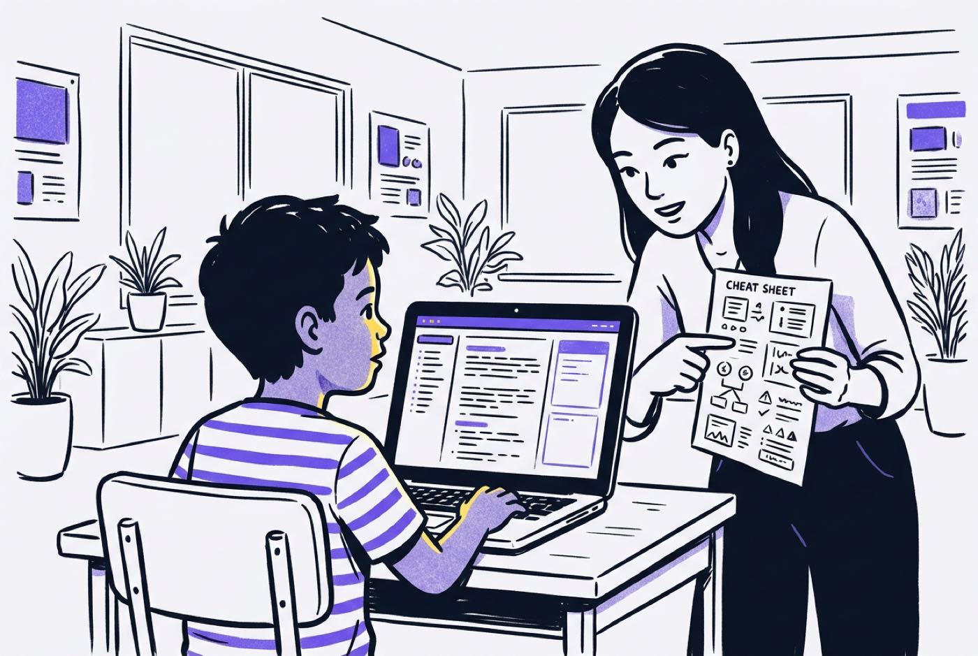 A child looking at a laptop screen filled with long blocks of copied text templates while an adult instructor points ...