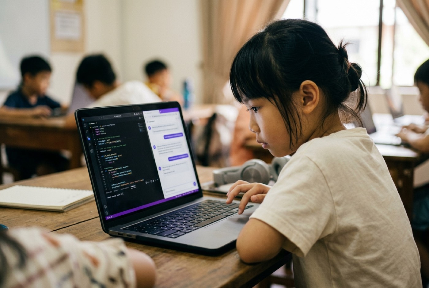 A child working on a laptop showing a split screen with Python code on the left and a custom AI assistant chat on the...