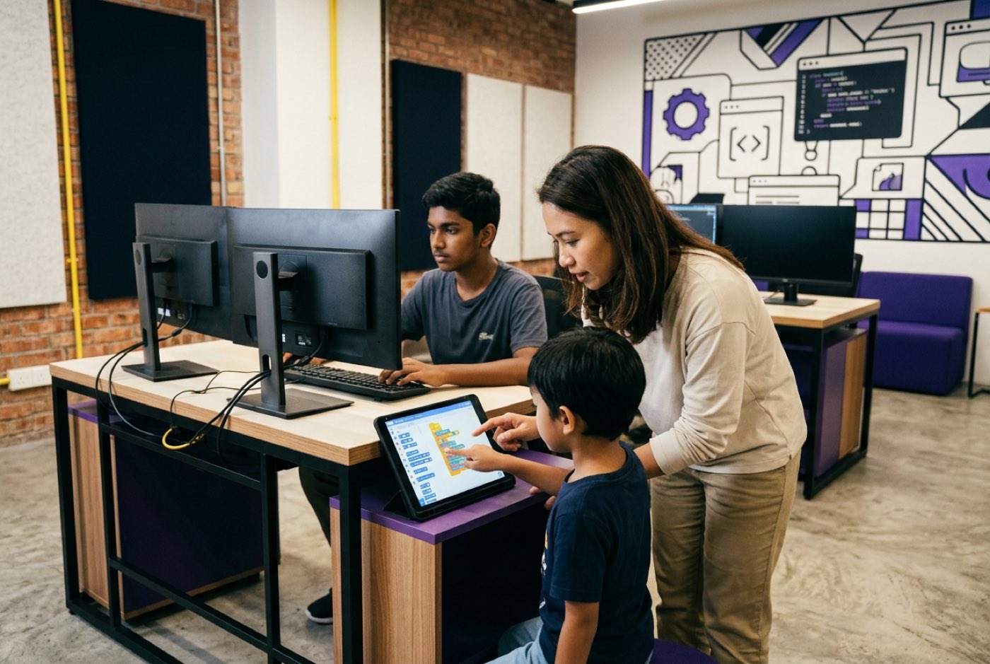 A trainer guiding a young student working on visual block programming while an older teen nearby reviews Python code ...
