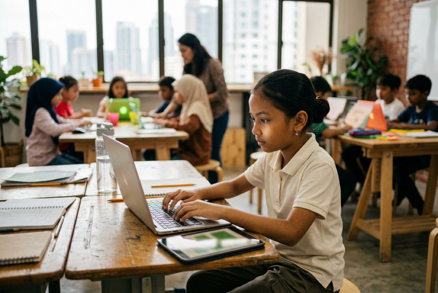 A young student focused on writing Python code alongside an AI assistant interface in a bright classroom