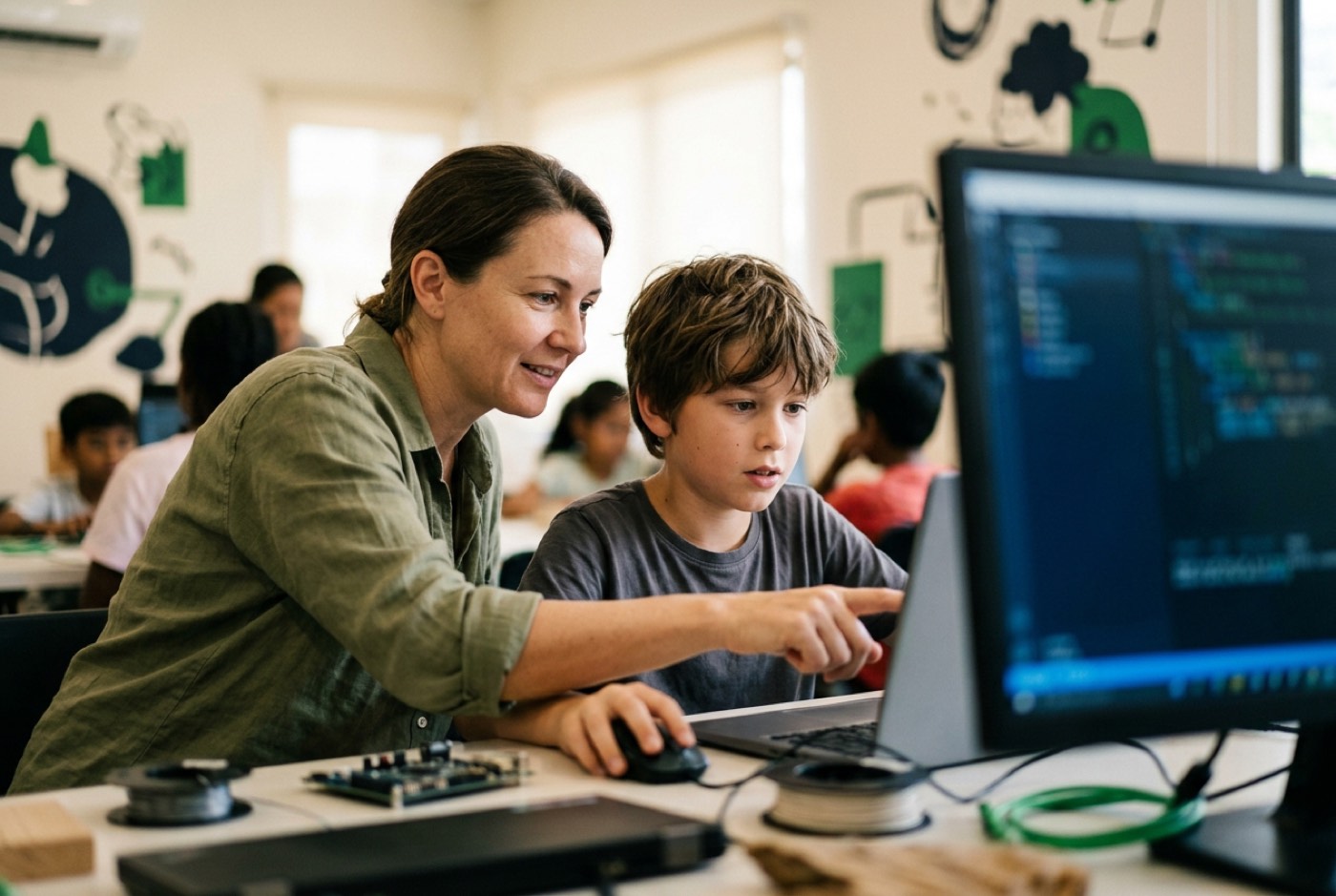 A parent and child sitting together at a computer during a hands-on project session