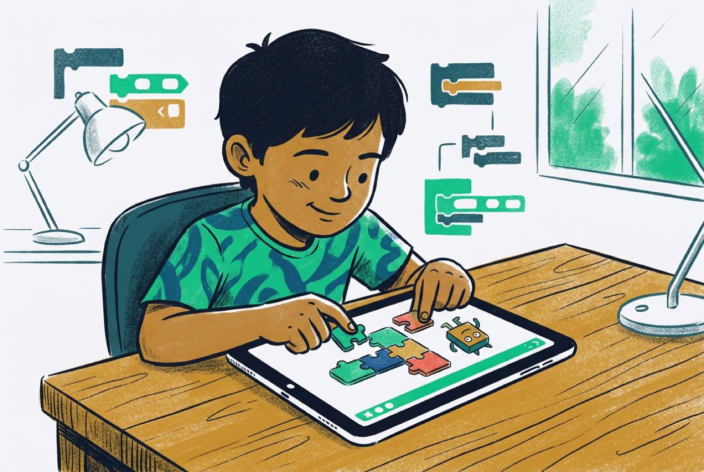 A child working on a visual block coding interface on a tablet screen, snapping colorful puzzle blocks together to mo...