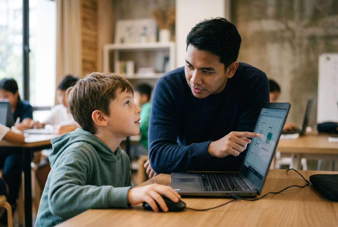 A tutor guiding a young student at a desk, reviewing a script on a computer monitor while discussing how a loop works