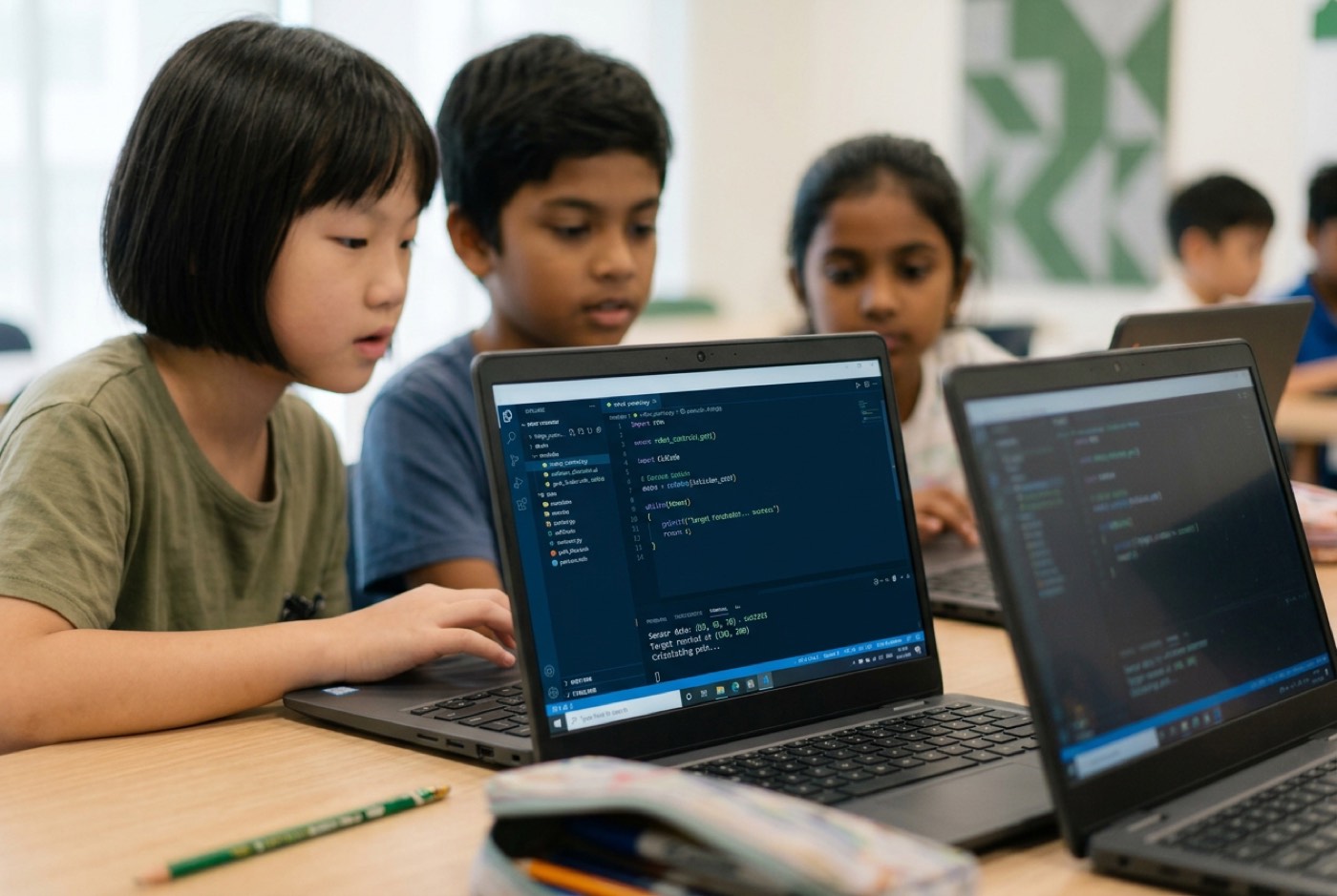 A small group of children working together on laptop screens at modern, colorful classroom desks, engaged in building...