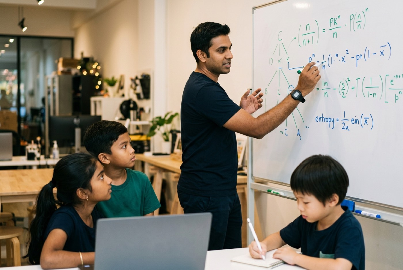 A trainer standing at a whiteboard explaining password entropy math and combinations to attentive young students