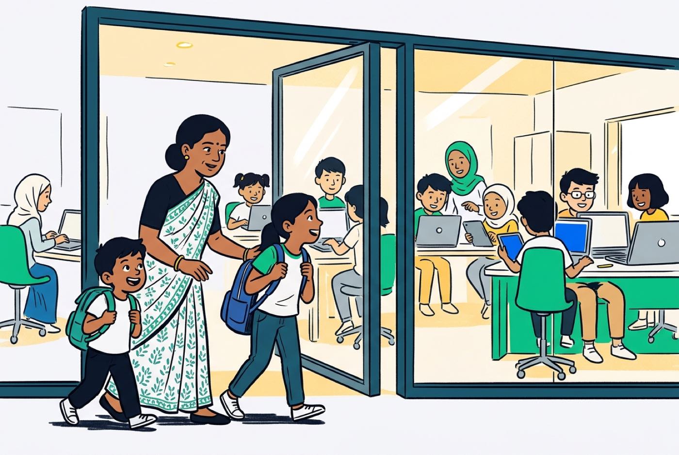 A mother dropping off two children of different ages at a brightly lit, modern technology learning lab, illustration