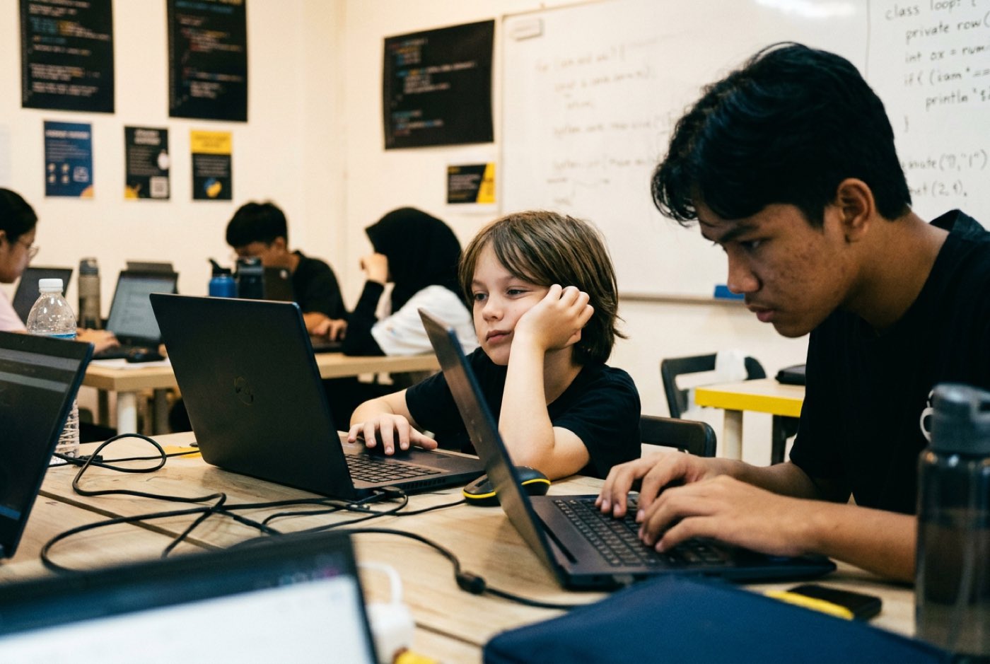 A young child looking tired and distracted at a laptop screen while an older teenager next to them types intensely, p...