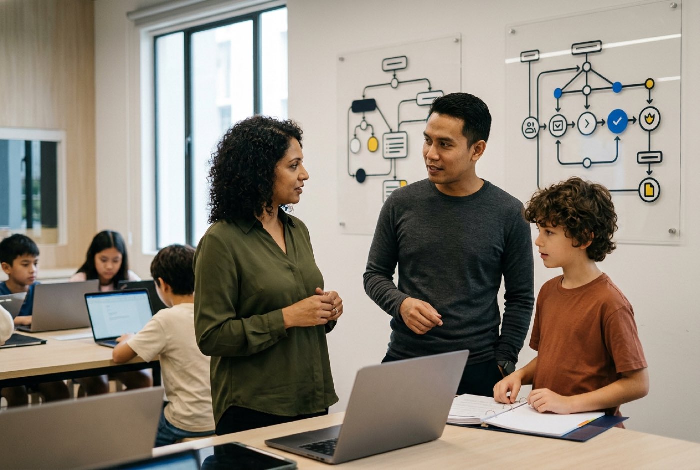 A parent and teacher having an engaging conversation inside a modern tech-focused learning lab, showing transparent p...