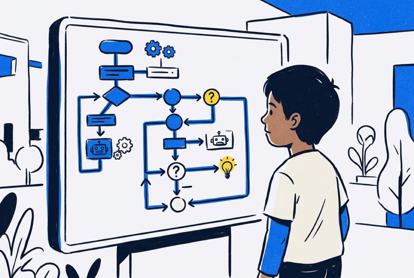 A child looking intently at a clear flowchart of code logic showing immediate cause and effect