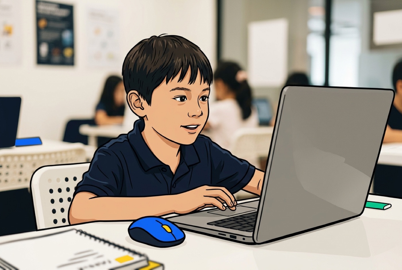 A child looking at a digital canvas adjusting game physics values and watching an animated object jump