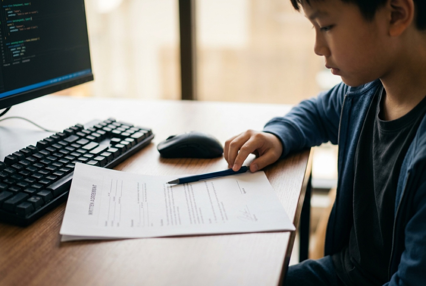 A clean written agreements sheet next to a computer mouse and keyboard on a desk