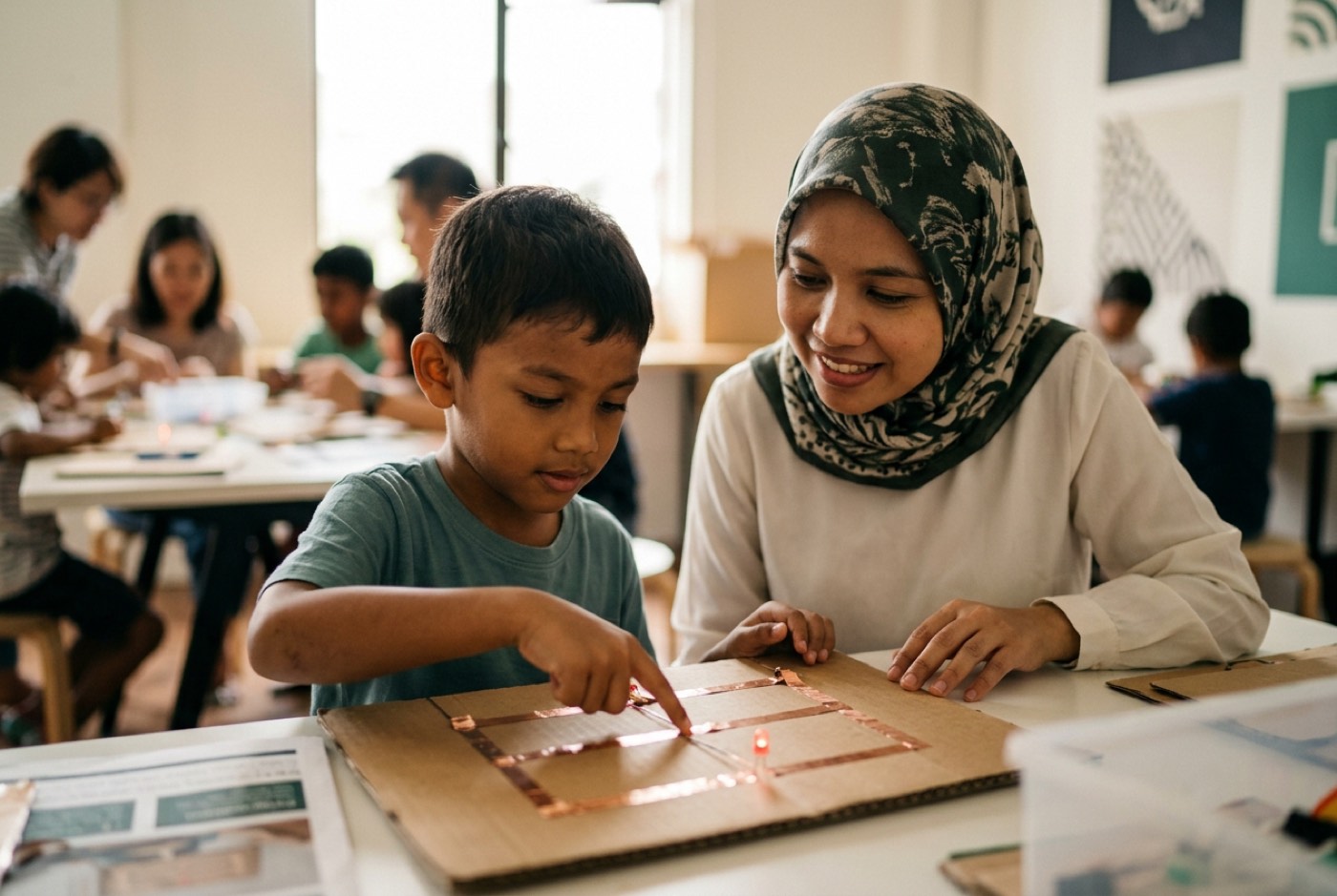 A child pointing at a simple paper circuit built with copper tape and a red LED on a cardboard surface, explaining it...