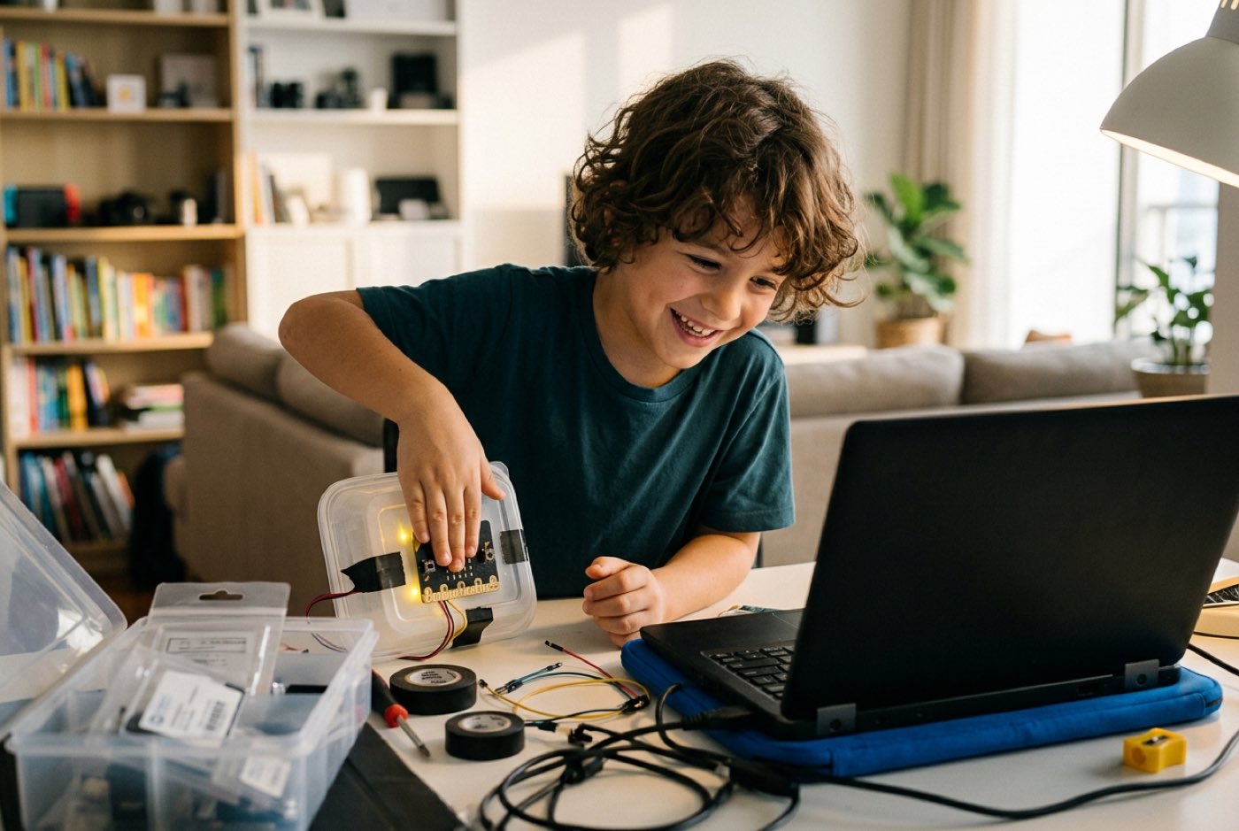 A child happy after getting their micro:bit light-sensor nightlight working on a desk during a home project session