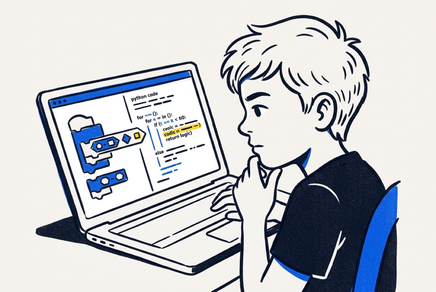 A child looking thoughtful at a computer screen showing both visual code blocks and structured Python text, illustrat...