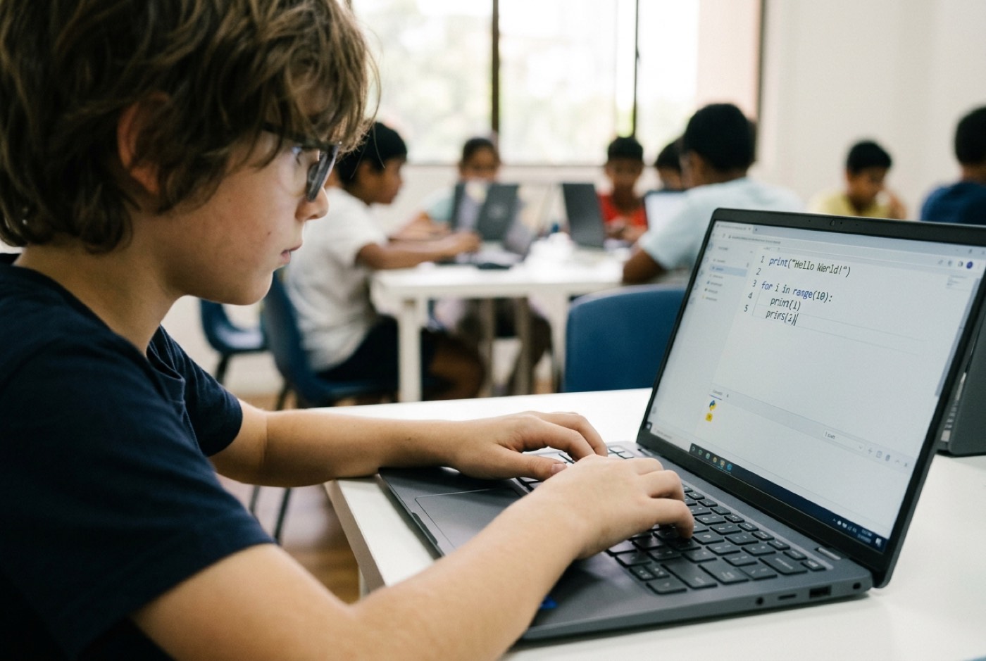 A close-up view of a young student typing Python code on a laptop, displaying clean code syntax and console output