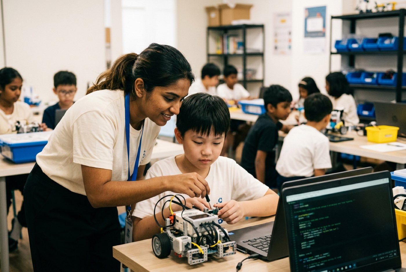 A trainer guiding a young student through a robotics and Python project in a modern Kidocode learning space