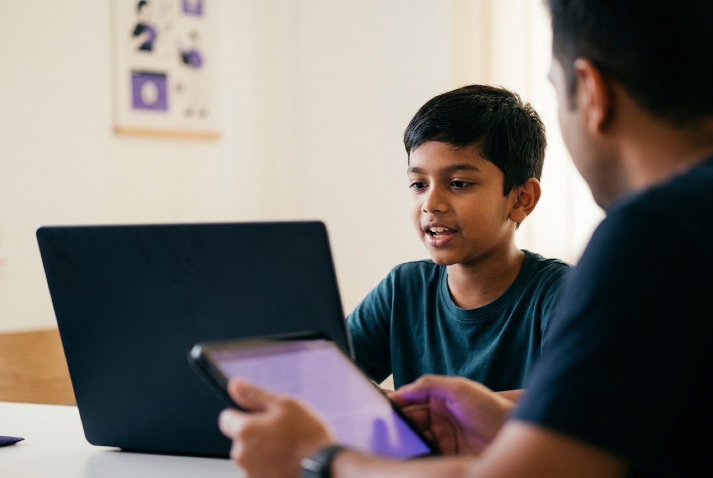 A young student describing a game project verbally while an AI coding assistant generates clean Python code on screen