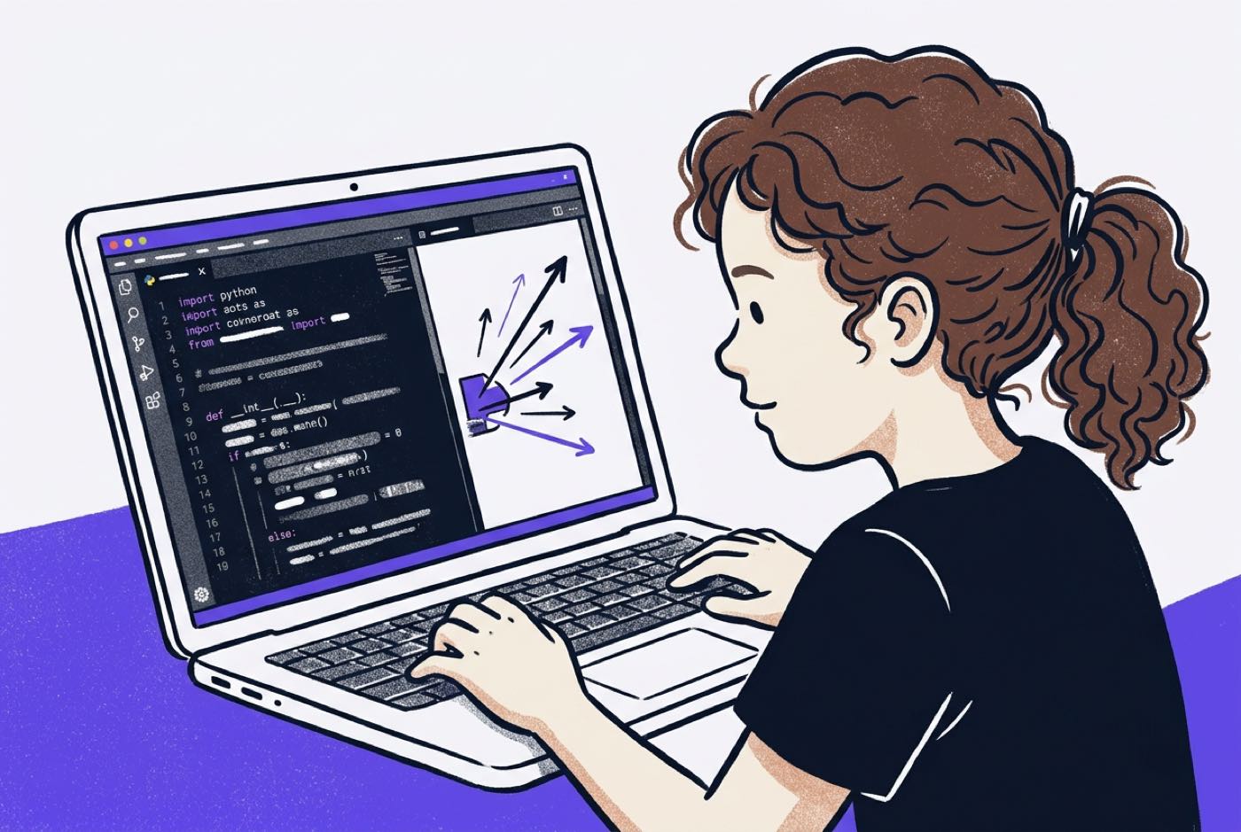 Screen displaying Python code in Cursor editor alongside a running Pygame window with visual velocity vectors