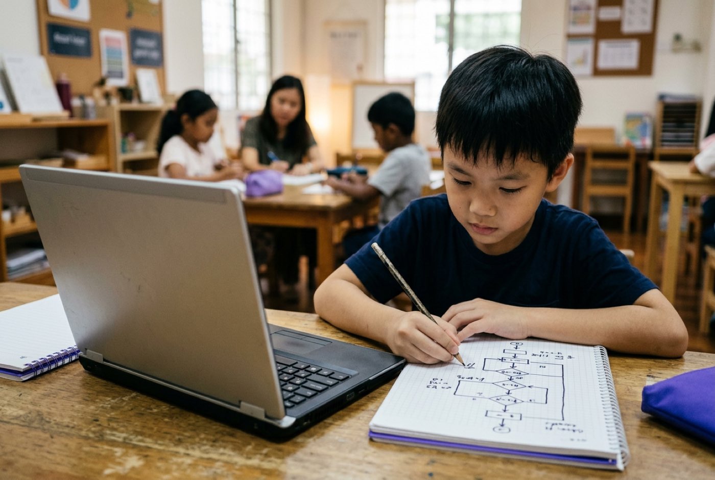 A child working carefully with paper and pencil to sketch out a flowchart logic puzzle with an offline laptop nearby