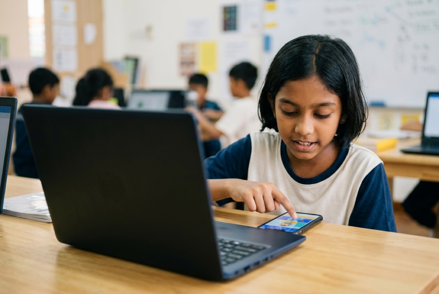 A child pointing at a working mobile application on a smartphone next to a laptop displaying a web page layout