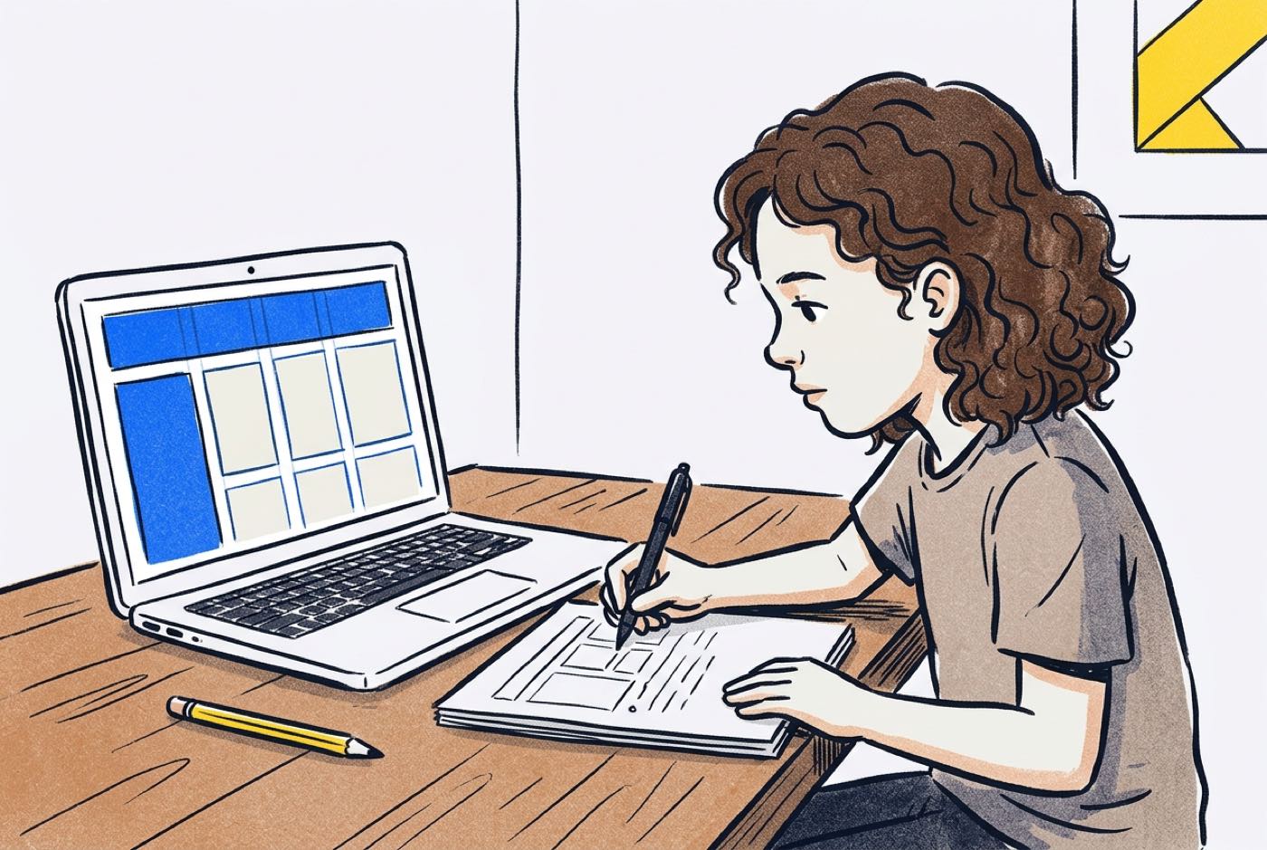 A child sketching a website interface layout grid on paper alongside a laptop screen rendering the responsive CSS grid