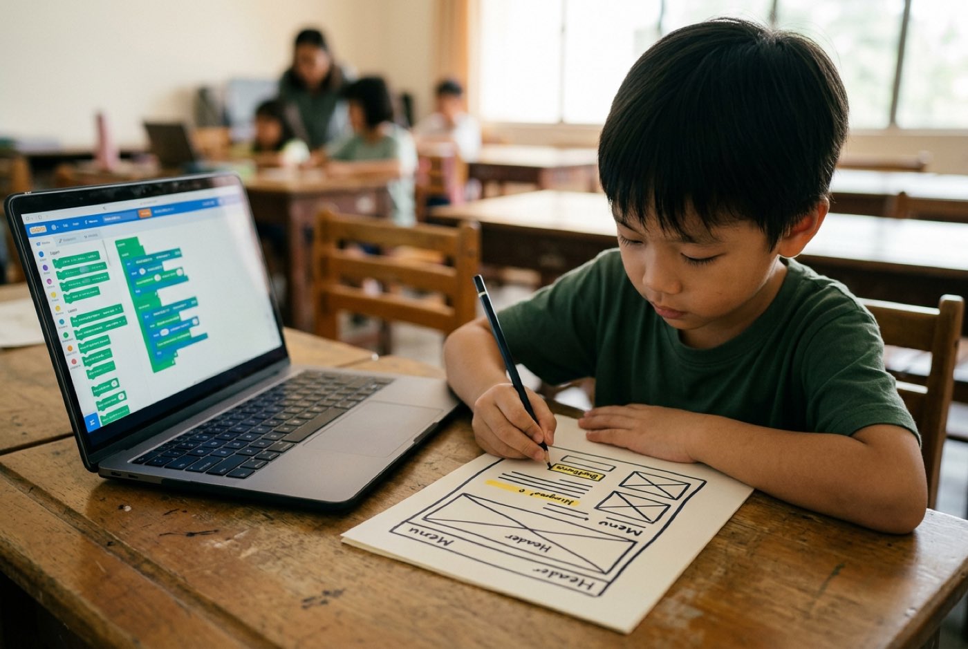 A young Malaysian child sketching a website mockup on paper next to an open laptop showing visual layout code blocks