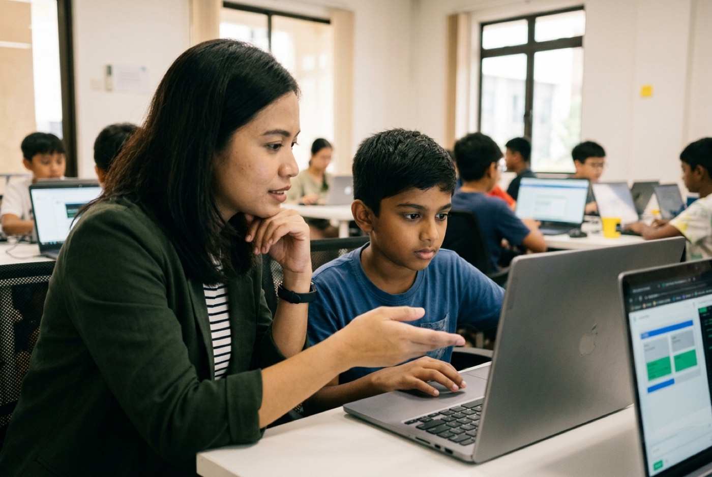 A trainer standing beside a young student at a laptop using an AI chat panel to debug a web page flexbox issue